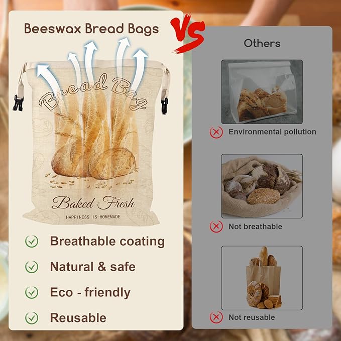 fufeisi Beeswax Bread Bags for Sourdough, 2 Pack Reusable Bread Bag for Storage XL 17x13 Inch, Large Linen Beeswax Bread Bags for Homemade Sourdough with 1 Linen Bowl Cover - Keep Fresh, Freezer Safe