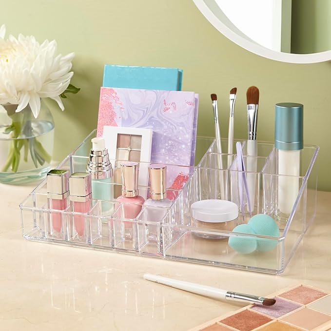 STORi Audrey Clear Vanity Makeup Organizer | 15-Compartment Holder for Brushes, Eyeshadow Palettes, & Beauty Supplies | Stacks on Audrey Storage Drawers | Made in USA | Vanity, Holder