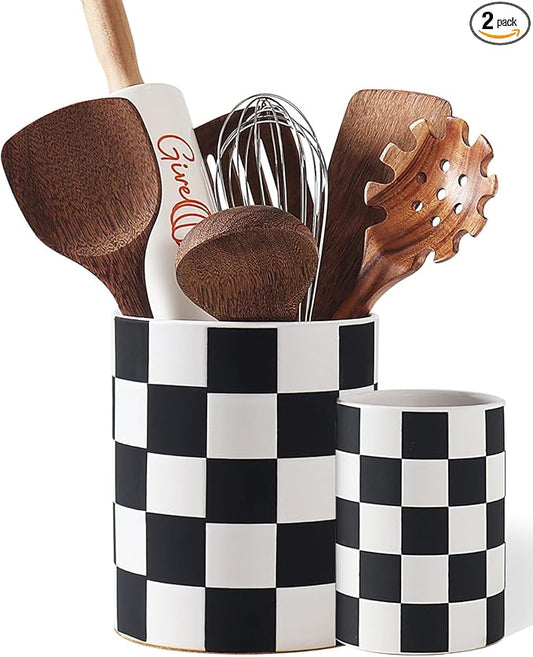 Checkered Utensil Holder, 7.1"+5.8" Inch Ceramic Spatula Holder, Black Cooking Kitchen Utensil Holder for Countertop, Kitchen Decor and Accessories for Counte