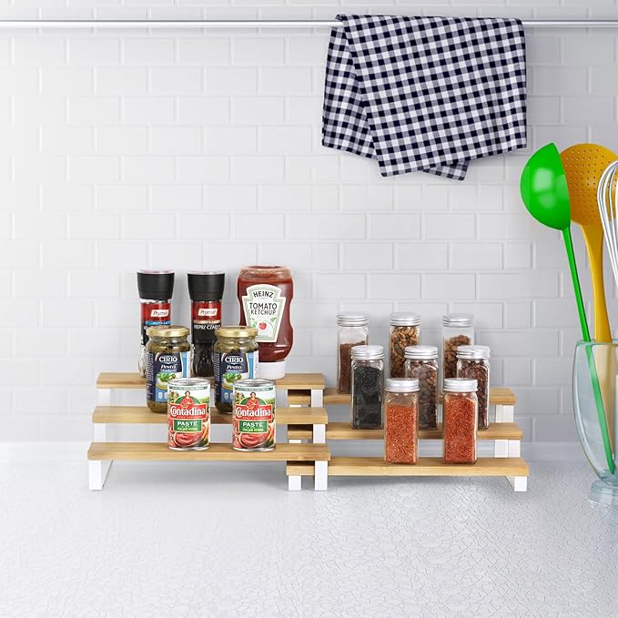 2 Pack Expandable Spice Rack Organizer for Cabinet – 3 Tier Wood & Metal Shelf Spice Rack, Adjustable Seasoning Organizer for Kitchen Counter, Pantry or Bathroom Storage, White Frame
