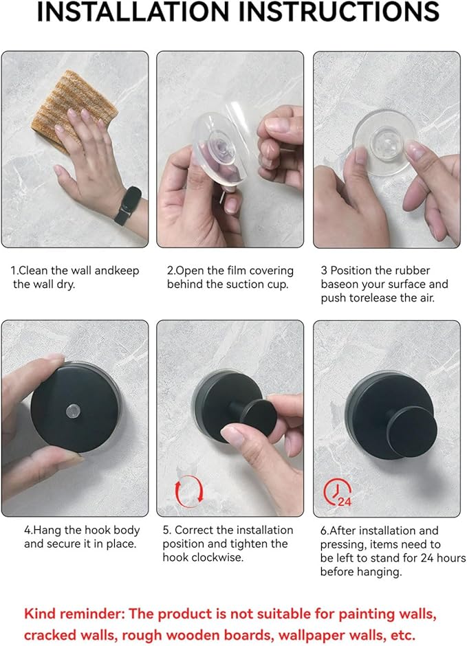 VINHOLD Suction Cup Hooks for Shower, Stainless Steel Towel Hooks for Bathroom Wall, Glass Door, Kitchen, Mirror, Tile, Shower Hooks for Hanging Towels, Robes, Bath Balls (2 Pack，Black)