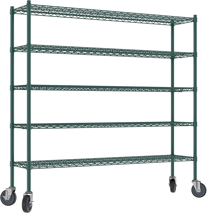 Commercial NSF Listed Green Epoxy Mobile Wire Shelving Kit 14" x 60" x 60", with 5 Shelves Perfect for Warehouse, Walk-in Refrigerator, Freezer, Grocery Store, Restaurant, Dishroom