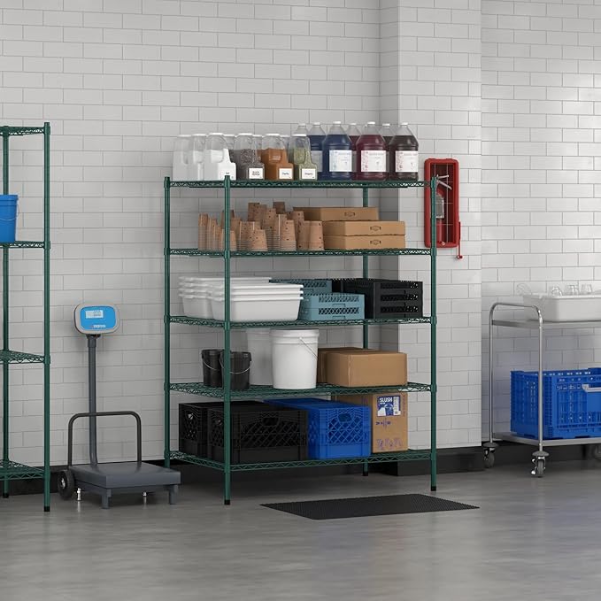Commercial NSF Listed Green Epoxy Stationary Wire Shelving Kit 30" x 48" x 64", with 5 Shelves Perfect for Warehouse, Walk-in Refrigerator, Freezer, Grocery Store, Restaurant, Dishroom