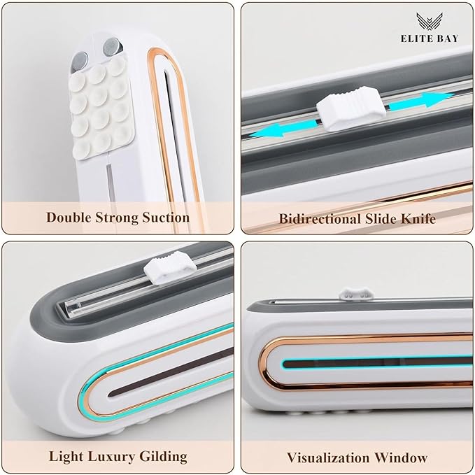 Food Plastic Wrap Dispenser with Sliding Cutter – Refillable ABS Wrap Cutter for Kitchen Use | Includes 80cm Plastic Wrap Roll | Compact, Safe & Easy to Use | Space-Saving Design in White.