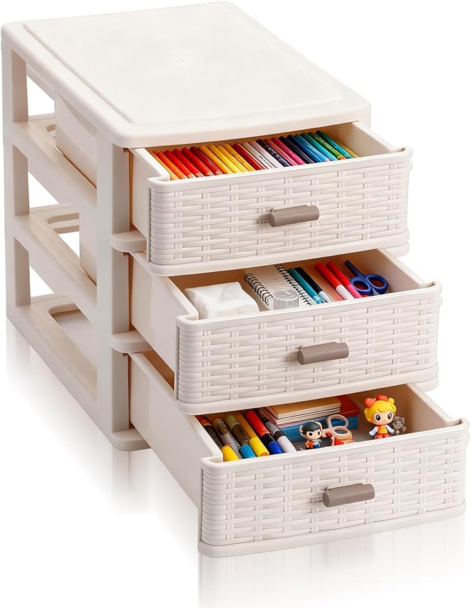 Small Storage Desk Drawer 3 Drawers Plastic Storage Mini White Plastic Weave Drawer Unit with Pull Handles Desk Organizer Small Bin Container for Office Supplies Craft Countertop Makeup Bathroom