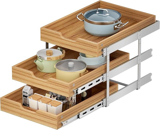 ROOMTEC 3 Tier Pull Out Cabinet Organizer, Heavy-Duty Pull Out Drawer, Slide Out Wood Shelf for Cabinets, Base Cabinet Organization for Pantry, Bathroom (16½"Wx21 D)