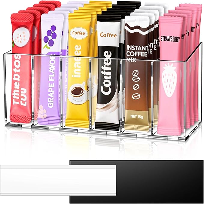 Drink Packet Organizer, Magnetic & Adhesive Water Packet Organizer with Removable Dividers & 6 Compartment for Kitchen Pantry Table Fridge Cabinet