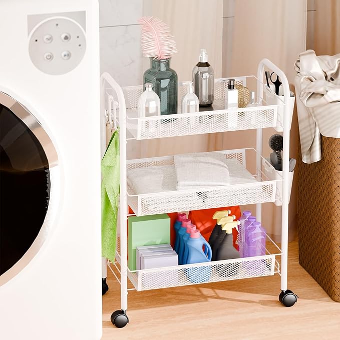 5-Tier Slim Rolling Cart with Wheels, Stackable Narrow Storage Trolley, Mesh Basket Kitchen Utility Cart, Fruit Vegetable Organiser for Pantry, Laundry, Bathroom, Easy Assembly Black 3-Layers