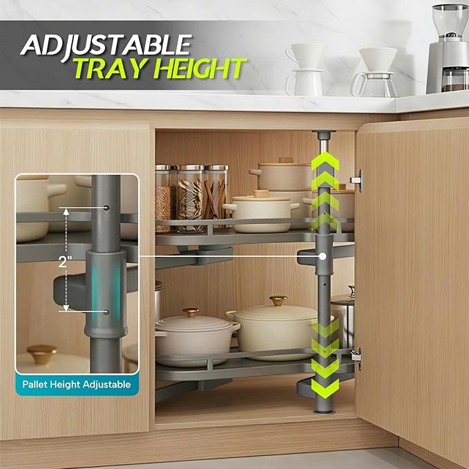 Blind Corner Cabinet Pull Out Organizer 12 14 16 18 Inch, 2 Tier Kitchen Cabinet Organizer, Heavy Duty Adjustable Lazy Susan Shelf with Soft Close, Left or Right Mount for Blind Corner Cabinets