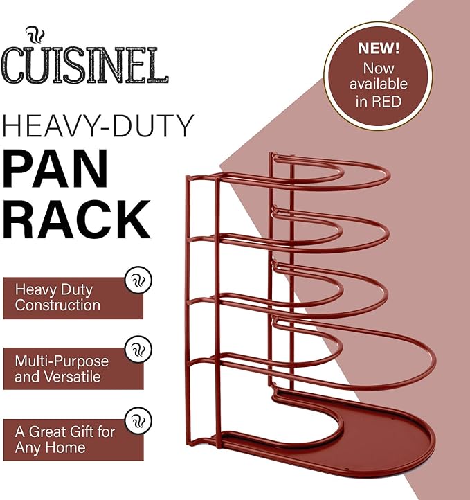 Cuisinel Pan Organizer for Cast Iron Skillets, Griddles and Pots - Heavy Duty Steel Construction - Holds Up to 50 LBS - Red 12.2 Inch - No Assembly Required