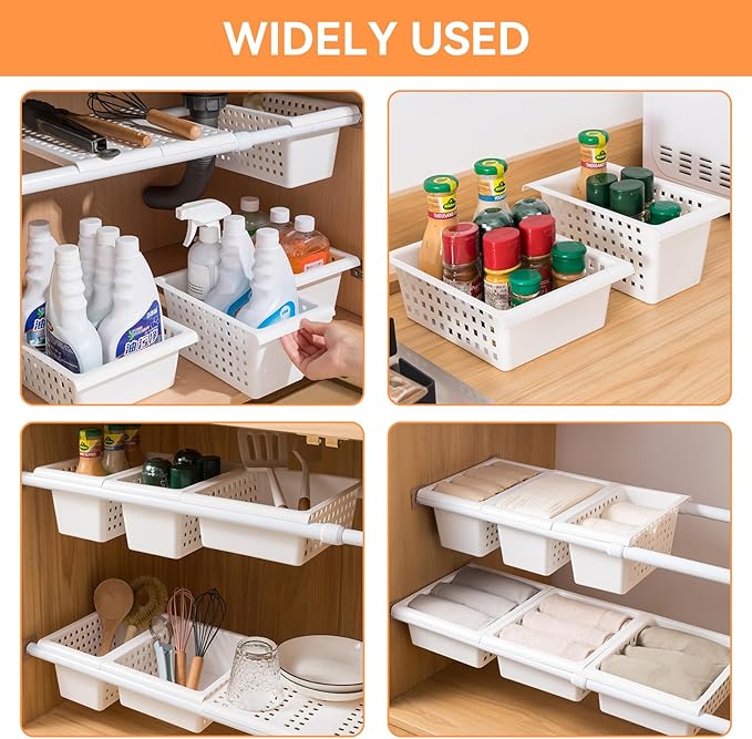 Under Shelf Basket, 2Pcs Hanging Storage Basket for Expandable Rod Under Cabinet Shelf Organizer for Closet Wardrobe Kitchen