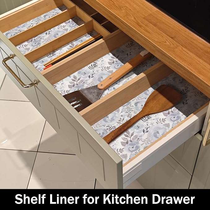 Amiitay Blue Peony Shelf and Drawer Liner for Kitchen,Non-Adhesive and Strong Non-Slip Floral Cabinet Drawer Liners for Kitchen Shelf, Waterproof Cupboard Liners,Easy to Clean,12IN x 10FT