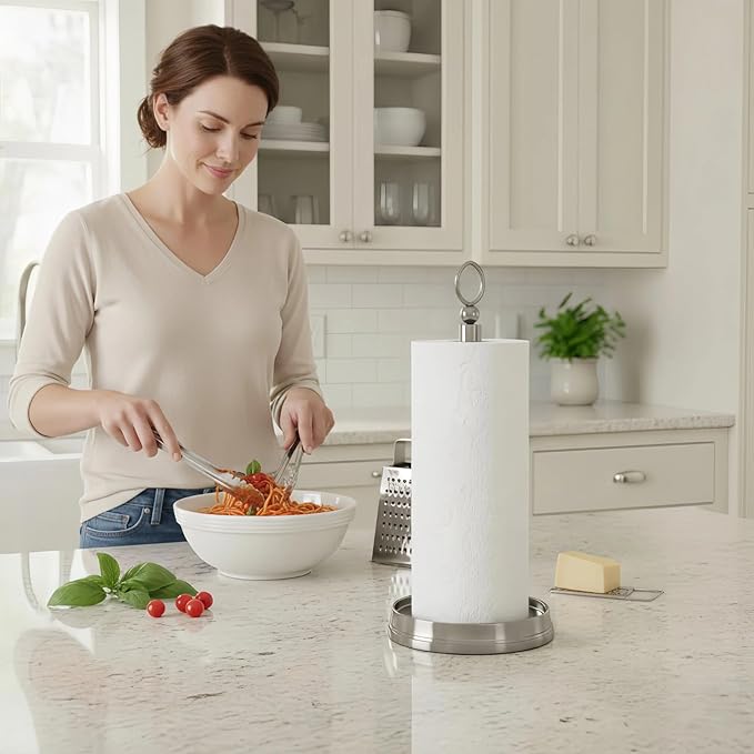 Paper Towel Holder With Heavy Weighted Base - Steel Countertop Stand for Kitchen, Bars & Dining Tables - Fits Standard & Jumbo Rolls - Brushed Nickel
