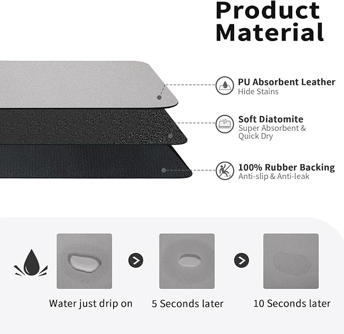 Dish Drying Mat for Kitchen Counter, Heat Resistant Drainer Mats with Non-slip Rubber Backed, Hide Stain Kitchen Super Absorbent Draining Mat, Easy to Clean Dish Rack Pad, Grey 18"x24"