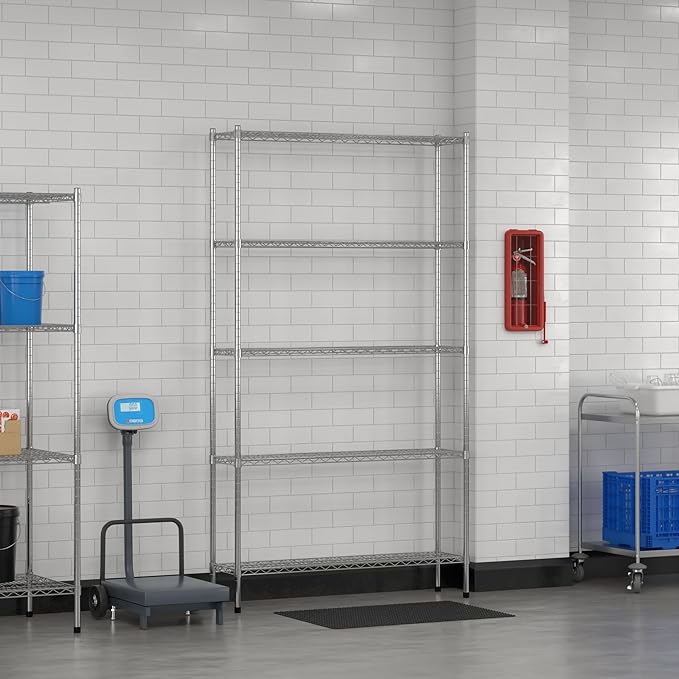 Commercial NSF Listed Chrome Stationary Wire Shelving Kit 12" x 48" x 86", with 5 Shelves Perfect for Warehouse, Walk-in Refrigerator, Freezer, Grocery Store, Restaurant, Dishroom