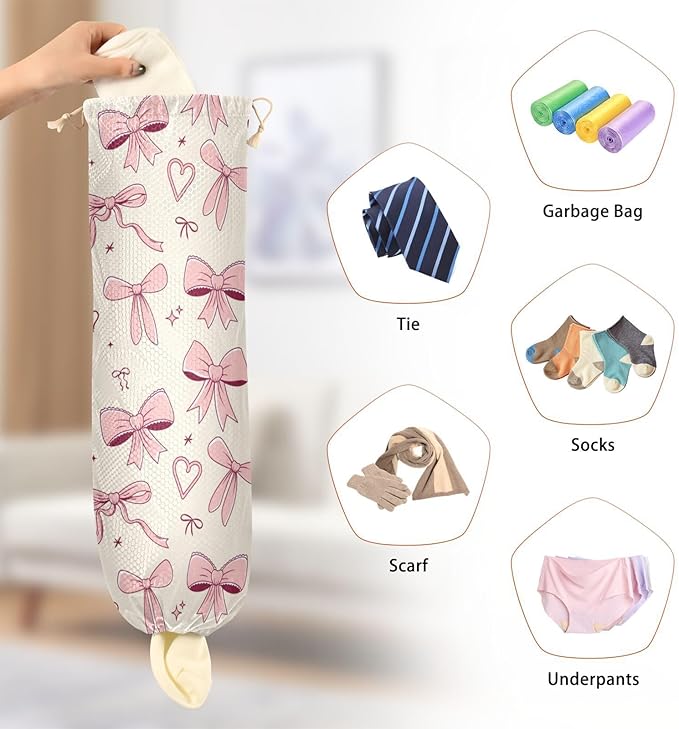 Plastic Bag Holder Wall Mount Grocery Bag Shopping Bag Storage Holder Organizer Dispenser with Adhesive Hook,for Kitchen Bathroom Home Decor 9x22 Inches Cute Pink Bowknot08