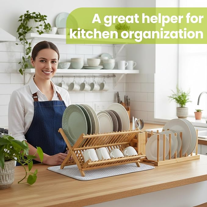 6 Pcs Kitchen Organizer Accessories Set 2 Tier Bamboo Collapsible Dish Drying Rack with Utensil Holder Dish Drying Plate Rack and Mat for Cabinet Pot Lid, Bowl, Cup, Chopsticks, Utensils