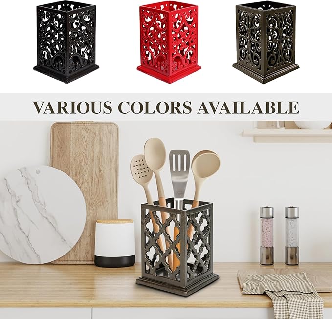 jogreful Utensil Holder, Cast Iron Kitchen Utensil Crock for Countertop, Extra Large Utensil Organizer with Weighted-Base, Housewarming Vintage Decor, Grid Pattern, Coffee Gold
