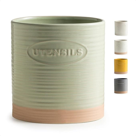 YHOSSEUN Kitchen Utensil Holder, Ceramic Utensil Holder for Kitchen Counter 6.7" Large Cooking Utensil Crock Farmhouse Utensil Organizer Storage, Oval Opening, Green