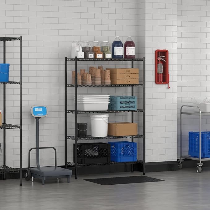 Commercial NSF Listed Black Epoxy Stationary Wire Shelving Kit 14" x 42" x 64", with 5 Shelves Perfect for Warehouse, Walk-in Refrigerator, Freezer, Grocery Store, Restaurant, Dishroom