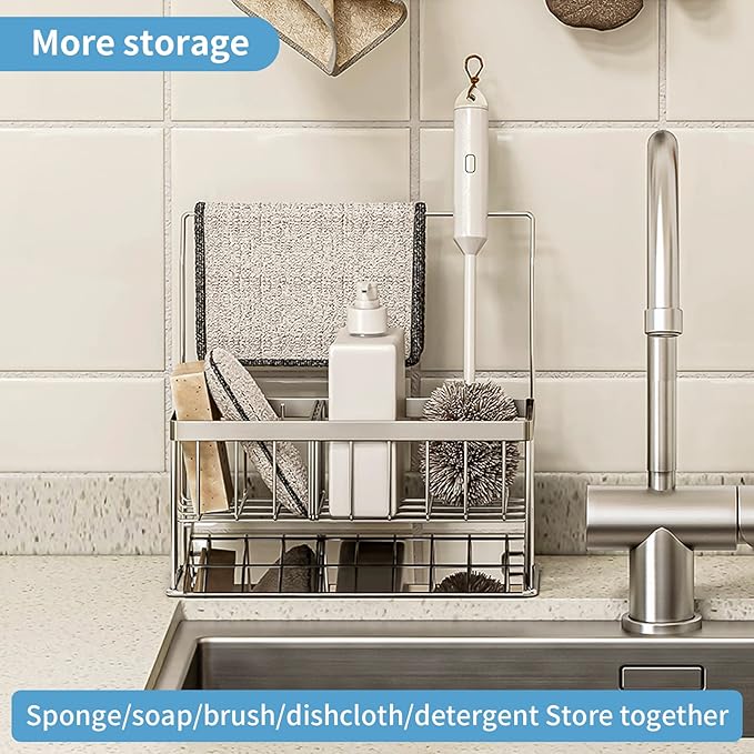 Kitchen Sink Caddy - Sponge Brush Holder with Removable Slope Drip Tray SUS304 Stainless Steel Rustproof Sink Rack