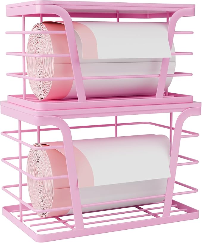 2 Pack Pink Trash Bag Holder for Kitchen Organization, Upgraded Large Stackable Garbage Bag Dispenser with Bamboo Top, Aesthetic Grocery Bag Storage for Pantry, Laundry Room, Wall Mount