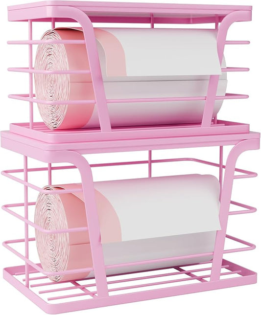 2 Pack Pink Trash Bag Holder for Kitchen Organization, Upgraded Large Stackable Garbage Bag Dispenser with Bamboo Top, Aesthetic Grocery Bag Storage for Pantry, Laundry Room, Wall Mount