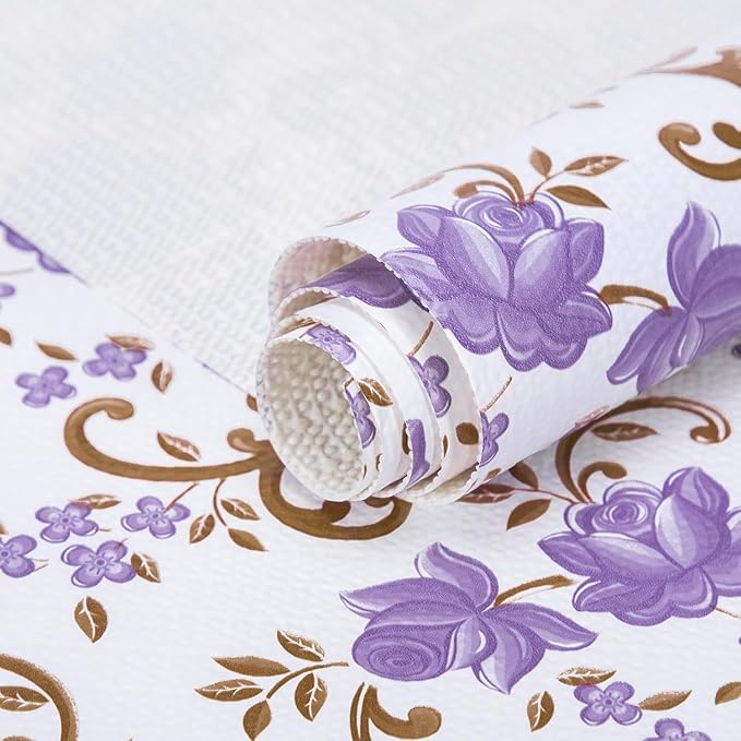 18X96 Inch Shelf Liner for Kitchen Cabinets, PVC Drawer Liner for Dresser Non-Slip Bathroom, Non-Adhesive Cabinet Liner Washable (Purple Floral)(5 Roll)