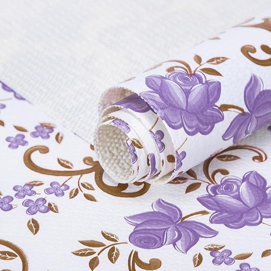 18X96 Inch Shelf Liner for Kitchen Cabinets, PVC Drawer Liner for Dresser Non-Slip Bathroom, Non-Adhesive Cabinet Liner Washable (Purple Floral)(5 Roll)