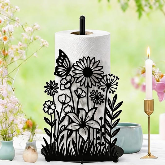 Wildflower Paper Towel Holder Black Metal Paper Towel Holder Large Decorative Tissue Stand Kitchen Decor Accessories for Home Party Bathroom Countertop Dining Table