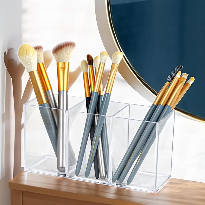 ZEXALOR Clear Drawer Organizer, 3 Sections Brush Organizer Holder, Drawer Dividers Office Desk Tray Bathroom Makeup Jewelry Trays (Brush holder)