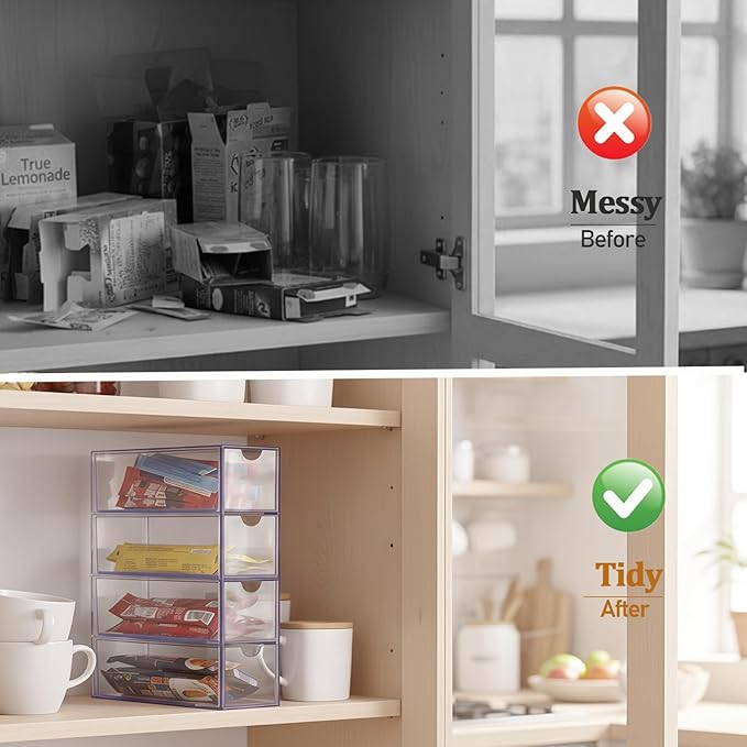 Drink Packet Organizer, Water Packet Holder with 4 Clear Drawers, Clear Acrylic Drink Mix Holder, Kitchen Storage Organizers for Kitchen Bins Cabinets Organizer