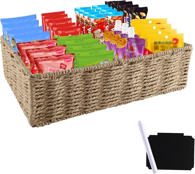 Snack Bar Station Organizer,Pantry Organizers and Storage Bins,Hand-Woven Snack Basket for Countertop,4 Compartments Snack Display Box Candy,Drink Packet,Chips,Spice Organizer,Natural Color