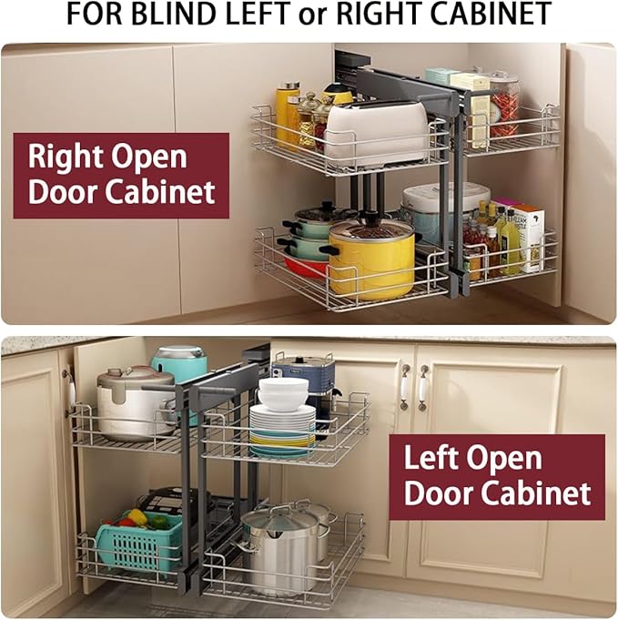 Gdrasuya10 Blind Corner Cabinet Pull Out Organizer, 2 Tier Pull Out Shelf Organizer for Corner Cabinet Storage Slide Out Kitchen Cabinet Organizer Basket for 15" Opening Door (Left or Right)