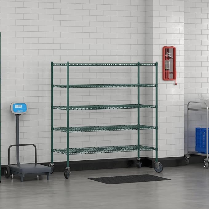 Commercial NSF Listed Green Epoxy Mobile Wire Shelving Kit 21" x 54" x 60", with 5 Shelves Perfect for Warehouse, Walk-in Refrigerator, Freezer, Grocery Store, Restaurant, Dishroom