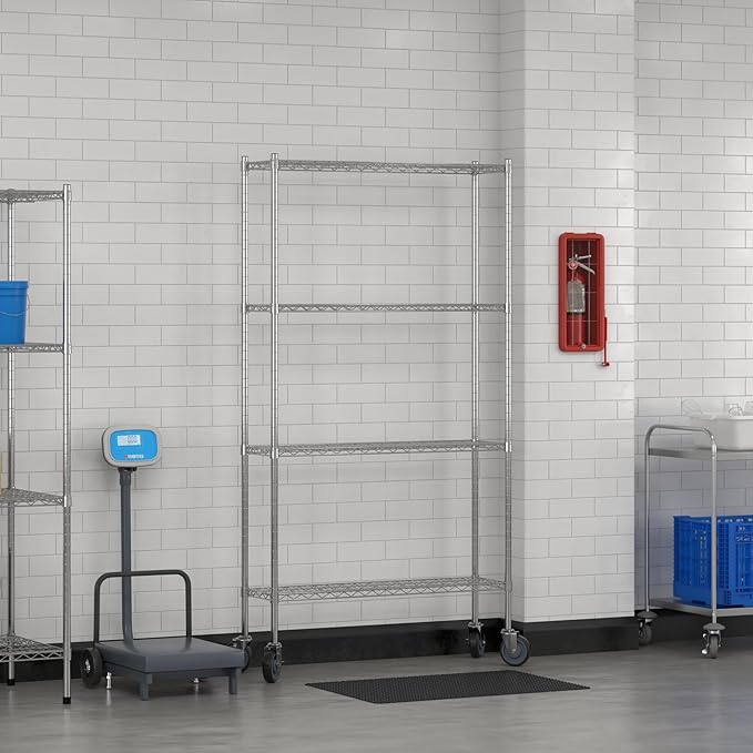 Commercial NSF Listed Chrome Mobile Wire Shelving Kit 12" x 42" x 80", with 4 Shelves Perfect for Warehouse, Walk-in Refrigerator, Freezer, Grocery Store, Restaurant, Dishroom
