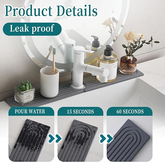 ODE TO ORDER 23.6 Inch Water-Absorbing Stone Faucet Mat for Kitchen Sink Bathroom Counter，Dark Grey Diatomite Drying Stone Mat, Sink Stone Tray Protector,Prevent Moisture Sink Splash Guard