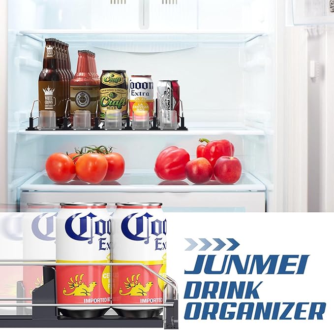 Drink Organizer for Fridge,12oz 16oz 20oz - Soda Can Dispenser for Refrigerator,Width Adjustable,Automatic Pusher Glide,15"D,White,4 ROW,Holds 20 Cans
