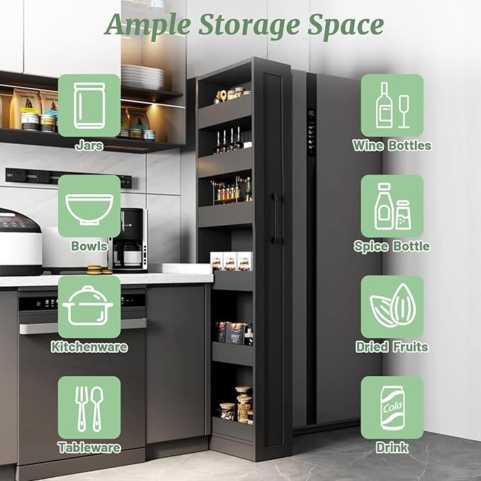 7 Tier Slim Rolling Pantry Storage Cart Wood Spice Rack on Wheels Next to Fridge Mobile Shelving Unit Space-Saving Narrow Pull-Out Utility Cart for Kitchen Bathroom Laundry Narrow Places, Black