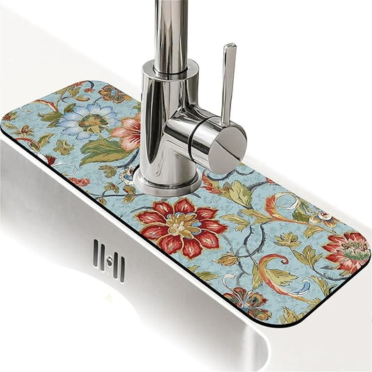 Kitchen Sink Splash Guard，large flowers and leaves Faucet Mat Sink Gadgets-Super Absorbent Fast Drying Mat Drip Catcher for Kitchen, Bathroom,Sink Mat, Dish Drying Mat, Bathroom(15" X 5.5" )