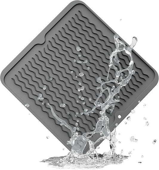 ZLR Silicone Dish Drying Mat 12" x 12" Square - Small Heat Resistant Trivet & Countertop Protector for Air Fryer, Coffee Maker - Waterproof Kitchen Drain Pad for Cups, Fruit (Dark Gray)