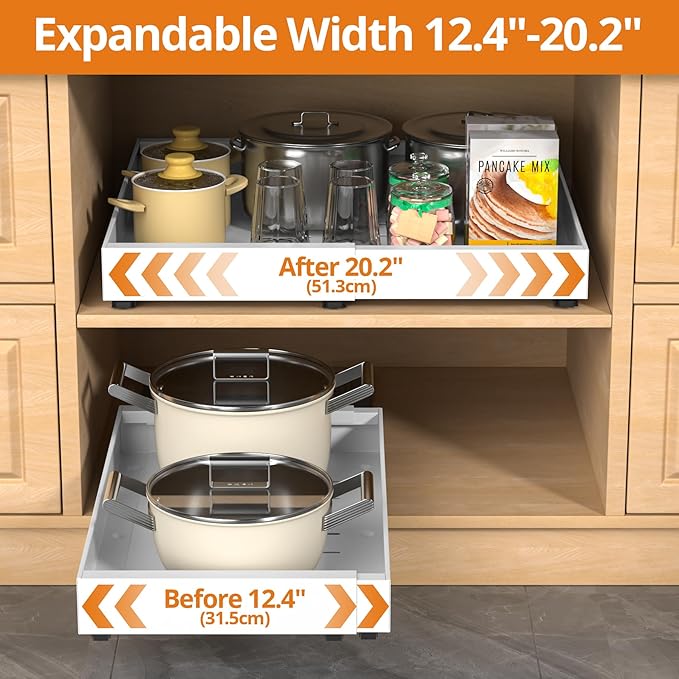 Expandable Pull Out Cabinet Organizer, 21"Deep Slide Out Drawer with Nano Adhesive, Upgrade 3 Slide Rails Roll Out Shelf for Kitchen, Pantry or Bathroom, Adjustable Width 12.4"-20.2"