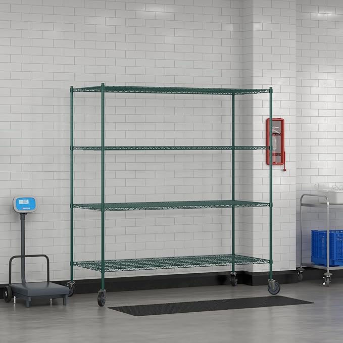 Commercial NSF Listed Green Epoxy Mobile Wire Shelving Kit 30" x 72" x 80", with 4 Shelves Perfect for Warehouse, Walk-in Refrigerator, Freezer, Grocery Store, Restaurant, Dishroom