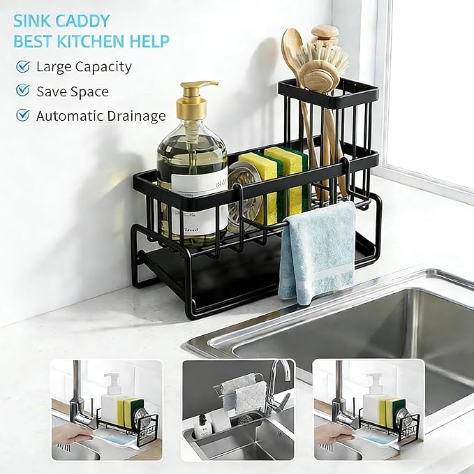 Sink Caddy Organizer - Stainless Steel Sponge Holder for Kitchen Sink with Brush Holder, Automatic Self-Draining Tray, Rustproof Compact Sink Organization for Countertop, 2-in-1 Design.