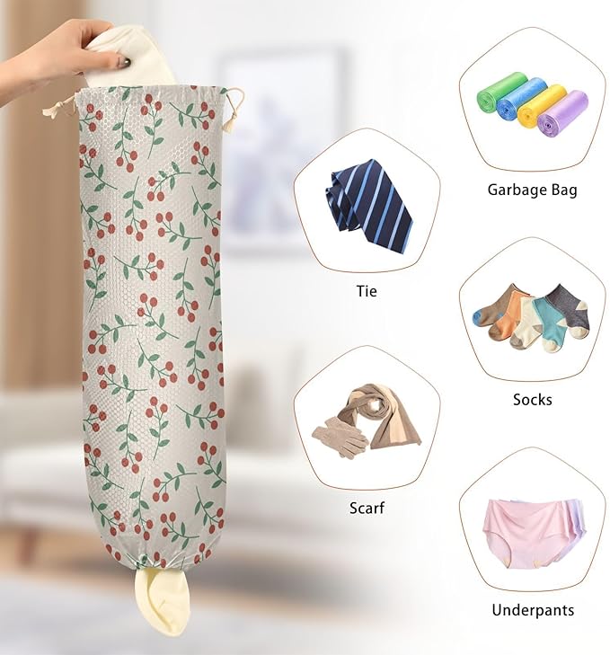 1 PC Plastic Bag Holder Wall Mount for Grocery, Shopping, and Trash Storage - Kitchen Closet Organizer Dispenser, 22 x 9 Inch, Red Berry