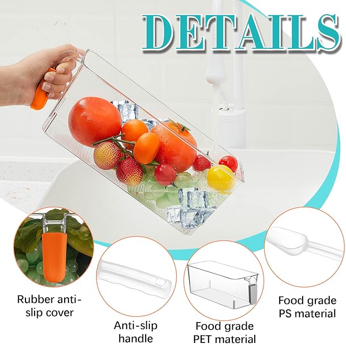 Havawish 2 Set Ice Bin and Flexible Scoop Set Plastic Freezer Ice Bin with Pull out Handle Clear Storage Bucket for Container with Bucket Scoop(Orange,10.83 x 4.92 x 4.33 in)