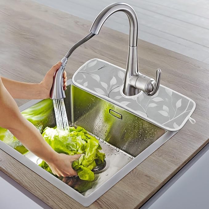 2 PCS Kitchen Sink Splash Guard 30 Inch Faucet Mat for Kitchen Sink Bathroom Sink Faucet Absorbing Drip Drain Mat Pad Microfiber Soft Washable Green and Grey Leaves