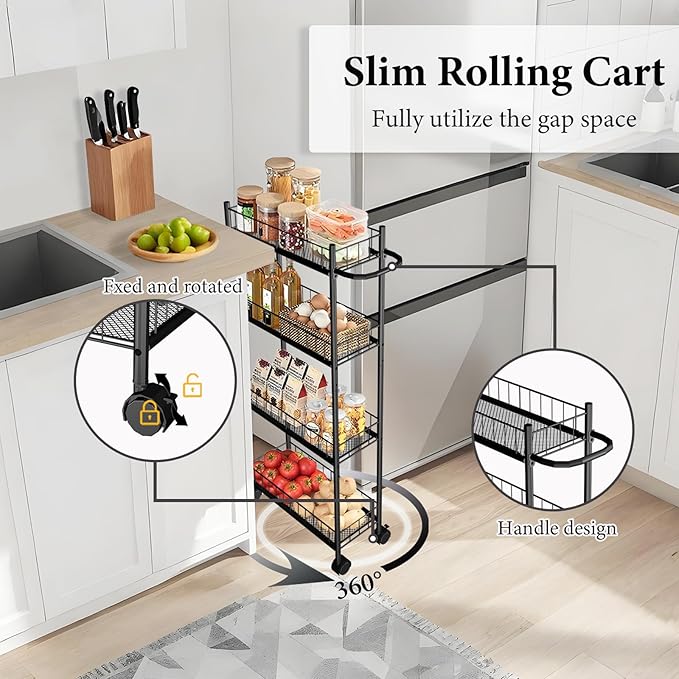 Utility Slim Storage Cart, 4-Tier Storage Cart, Narrow Cart with Handle, 7.1 Inches Deep, Metal Frame, for Kitchen, Dining Room, Living Room, Home Office, Rustic Brown and Classic (4 Tier Black)