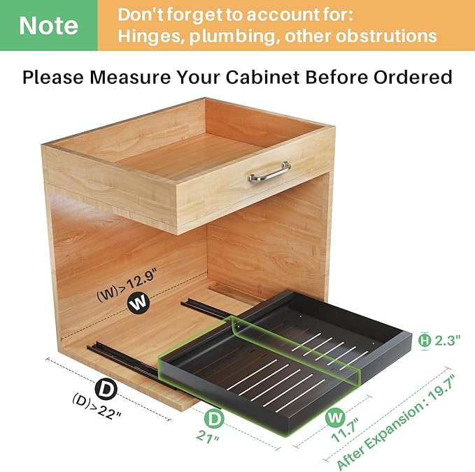 Kitstorack Pull out Cabinet Organizer, Expandable(11.7"-19.7") Heavy Duty Slide out Drawer Fixed with Adhesive Nano Film for Pots, Roll out Shelf Storage for Kitchen Base Cabinet Organization(Black)