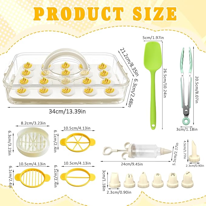 Egg Holder for Fridge,20 Deviled Egg Containers with Lid & Handle PET Thickened Eggs Organizer for Refrigerator Inc Egg Slicer,Kitchen Tongs,Silicone Spatula,Piping Decorating Kit